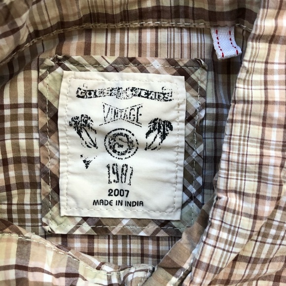 Guess Mens Long Sleeve Shirt- Plaid Tan and Brown - Picture 3 of 7